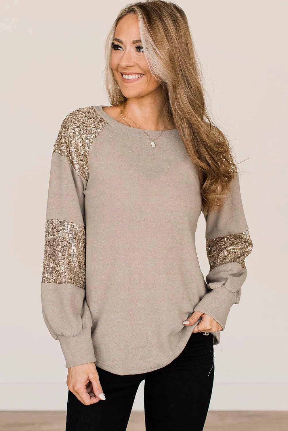 Light French Beige Sequin Patched Long Sleeve Top