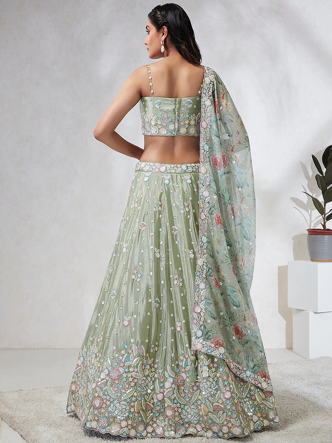 Luminous Lime Green Chiffon Lehenga Choli Set - Sequins & Thread Embroidery