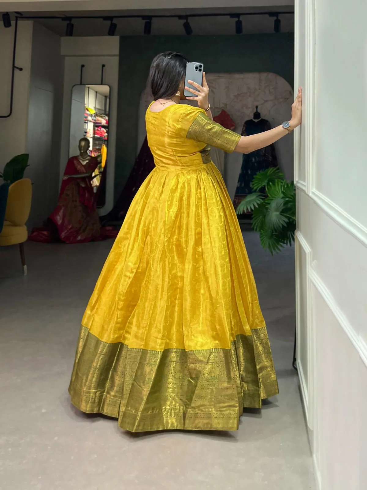 Luxurious Yellow Kanjivaram Silk Gown with Zari Work