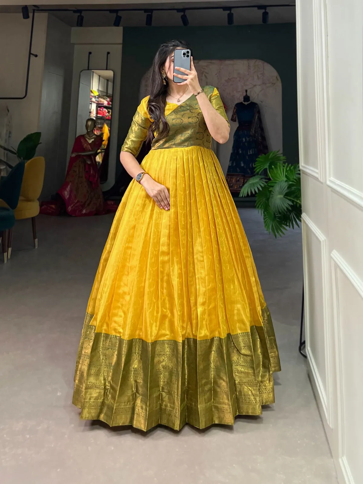 Luxurious Yellow Kanjivaram Silk Gown with Zari Work