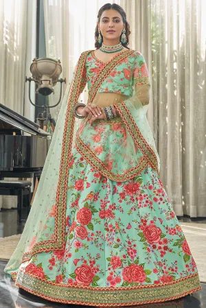 Magnificent Mint Green Floral Printed Art Silk Lehenga Choli With Dupatta