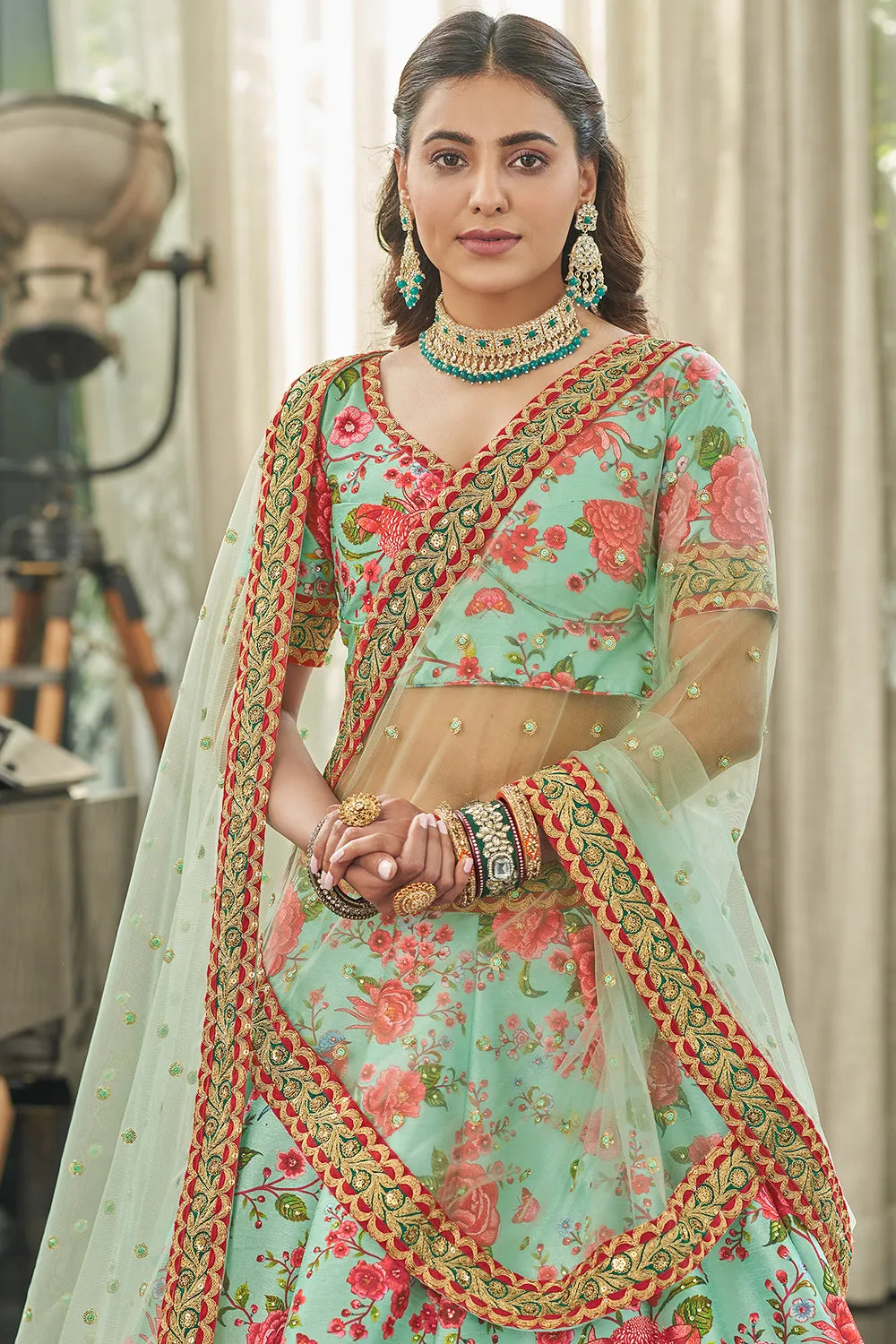 Magnificent Mint Green Floral Printed Art Silk Lehenga Choli With Dupatta