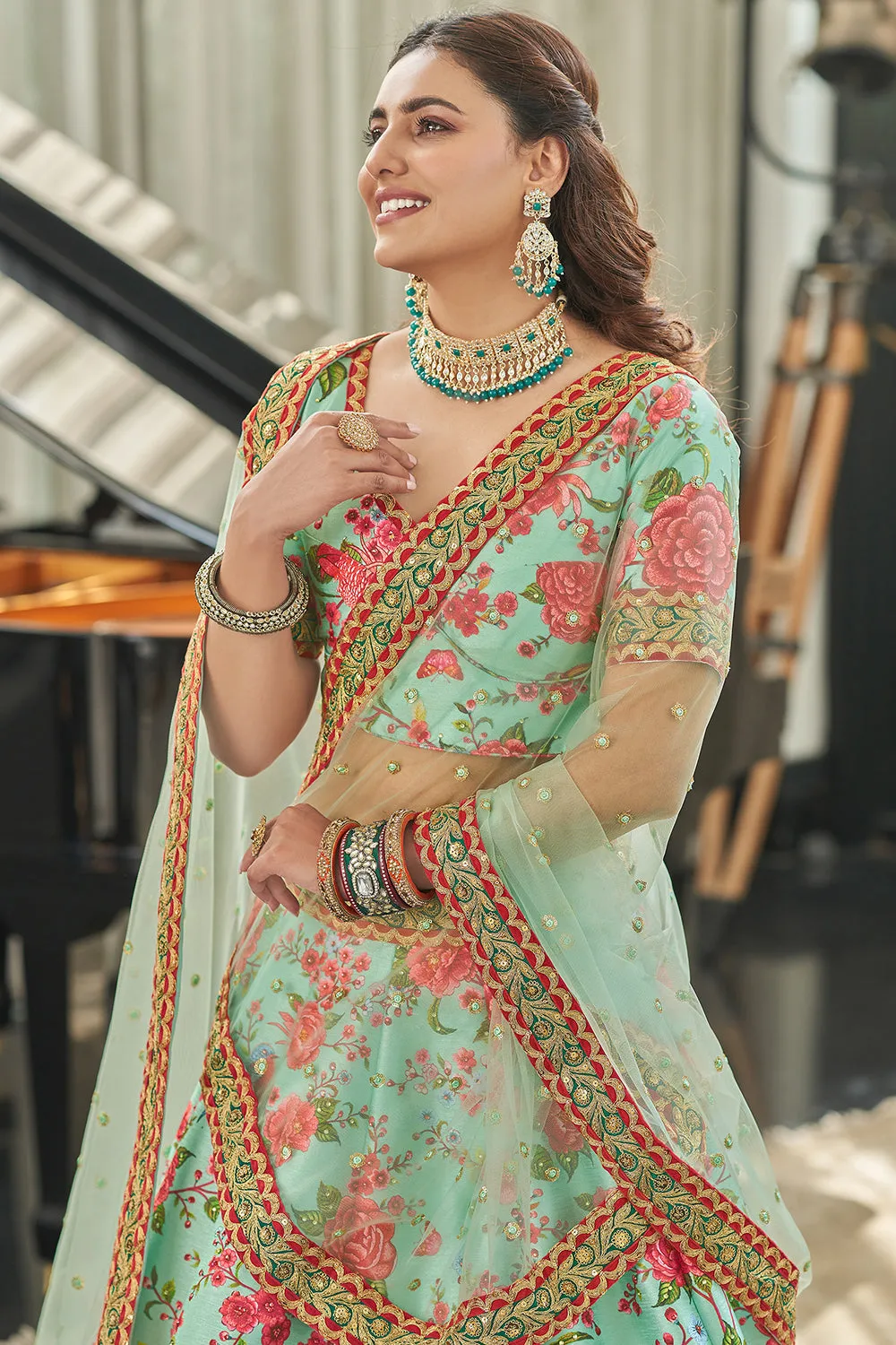 Magnificent Mint Green Floral Printed Art Silk Lehenga Choli With Dupatta