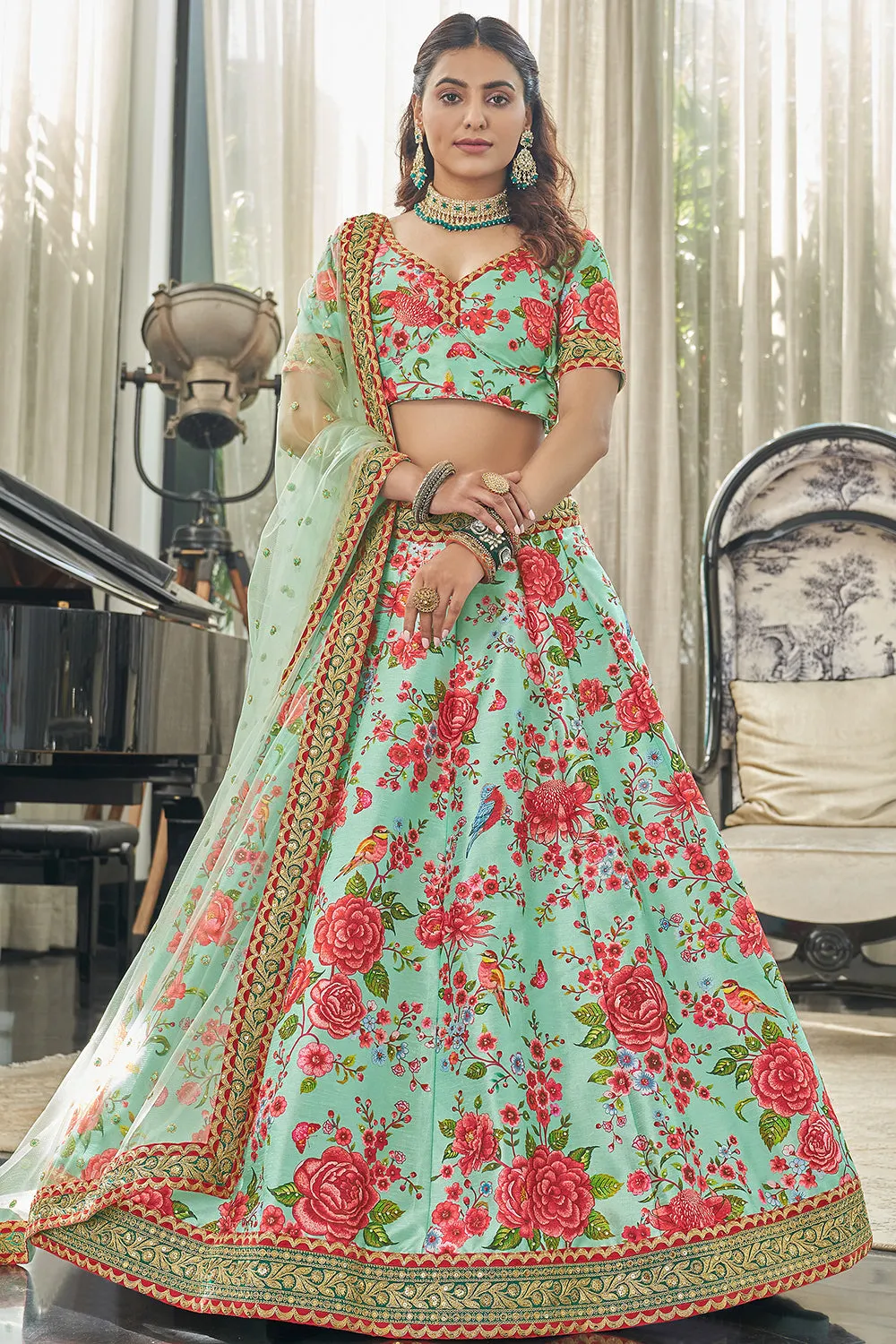 Magnificent Mint Green Floral Printed Art Silk Lehenga Choli With Dupatta