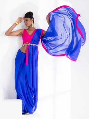 Megawatt Blue Georgette Saree with Pink Posh Fabric Border & Blouse Fabric