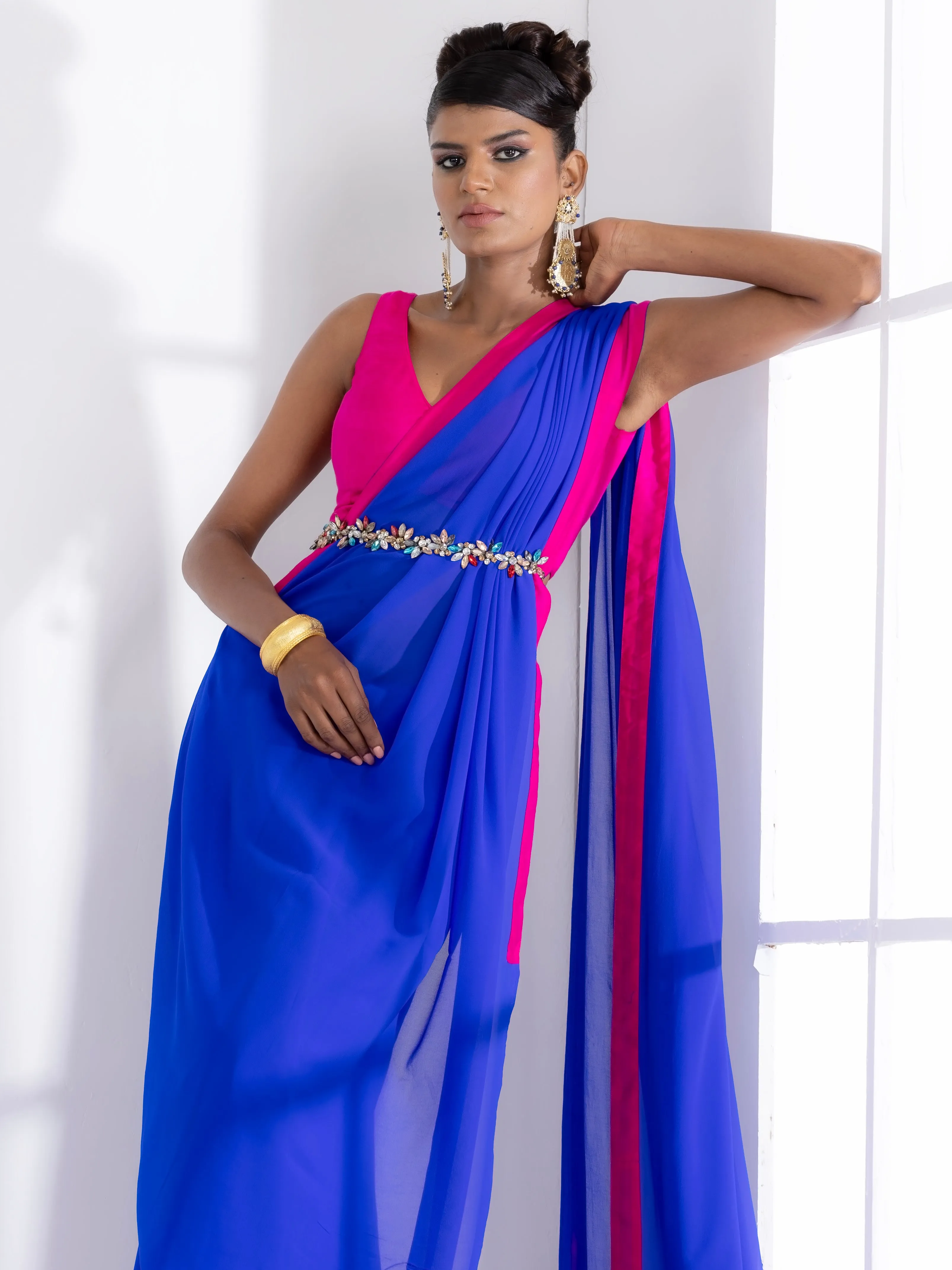 Megawatt Blue Georgette Saree with Pink Posh Fabric Border & Blouse Fabric