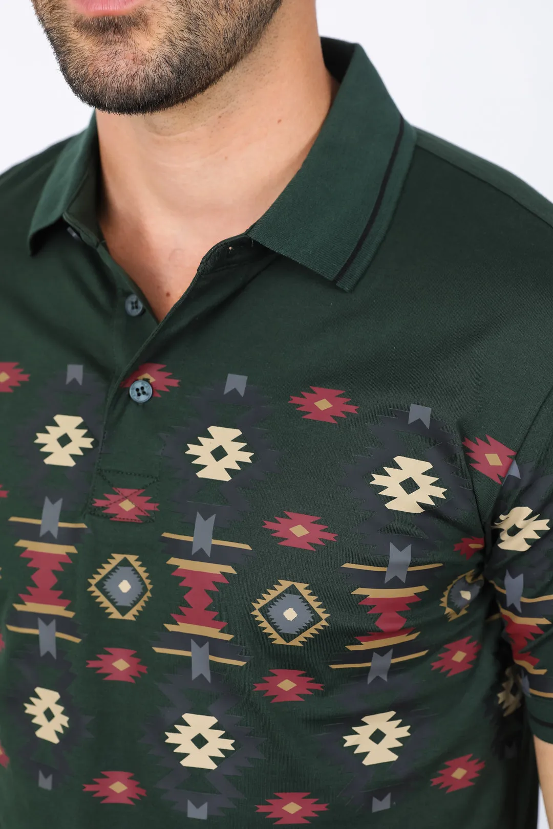 Mens Modern Fit Stretch Cotton Aztec Panoramic Print Polo