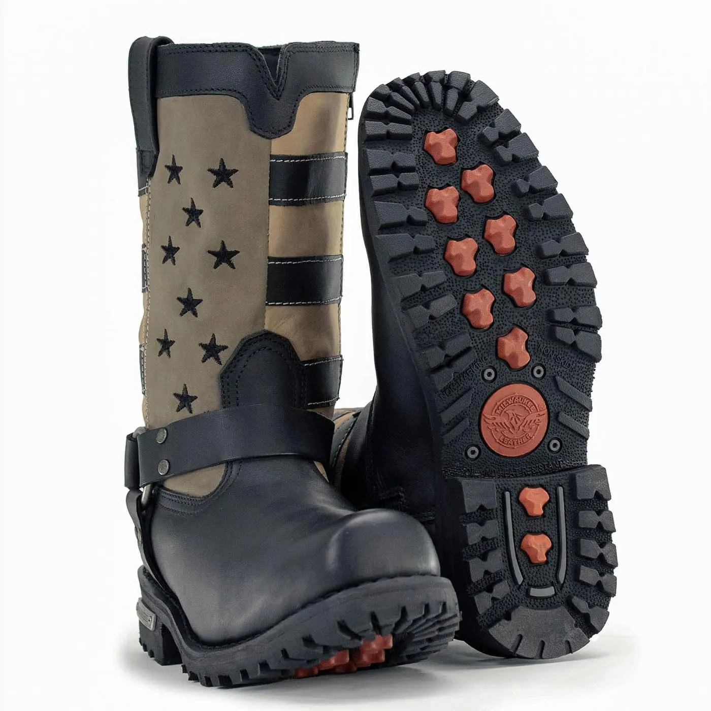 Milwaukee Leather Men's Stars and Stripes Black with Tan Motorcycle Rider Harness Boots