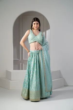 Mint Green Semi Silk Printed Sequinned Embroidered Lehenga Set