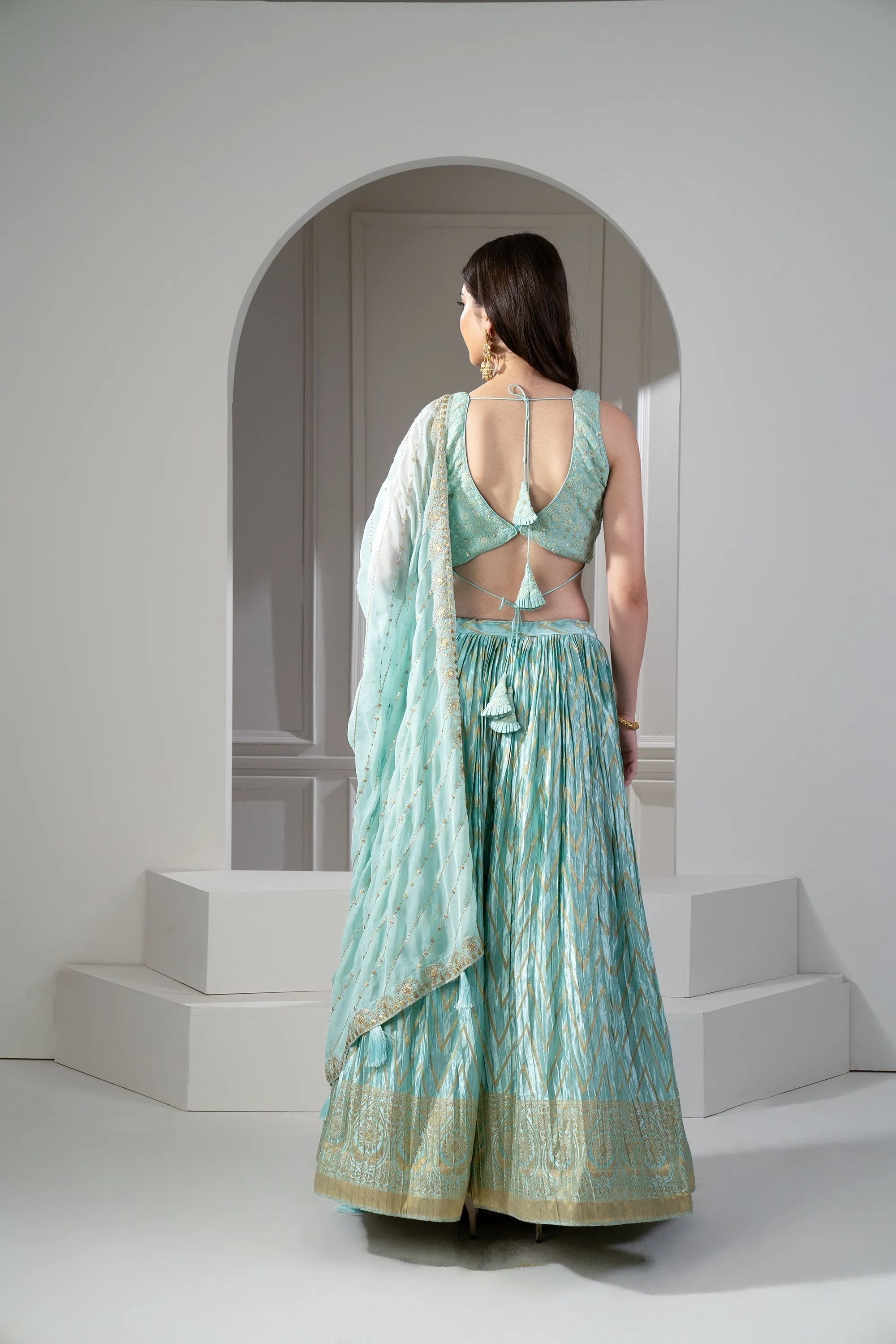 Mint Green Semi Silk Printed Sequinned Embroidered Lehenga Set