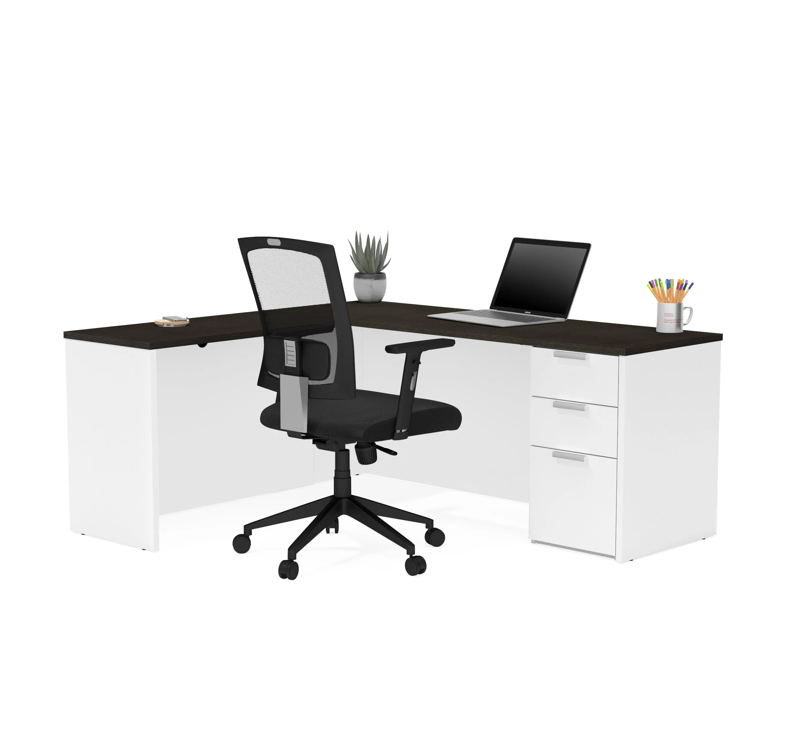 Modern White & Deep Gray L-shaped Desk with Drawers