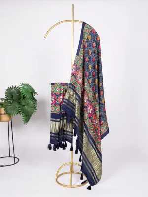 Navy Blue Gaji Silk Dupatta with Digital Prints & Lagadi Patta