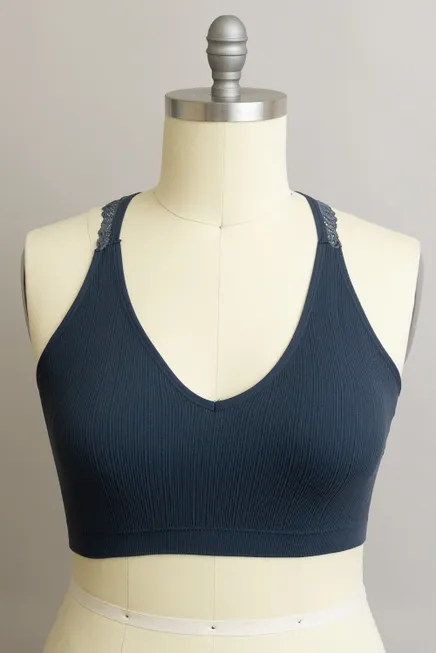 Navy Ribbed Seamless Lace Racerback Bralette (SM-2X)