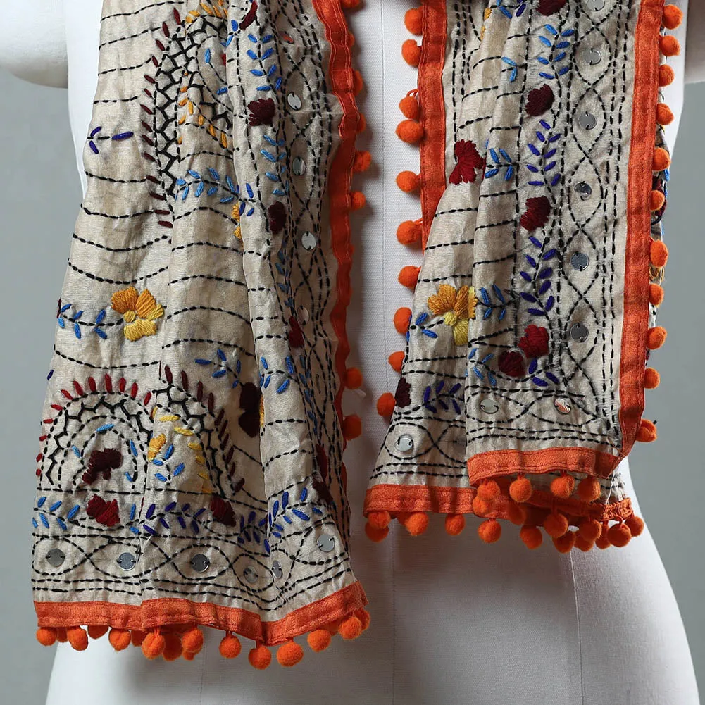 Orange - Ranihati Chanderi Silk Phulkari Embroidered Stole 38