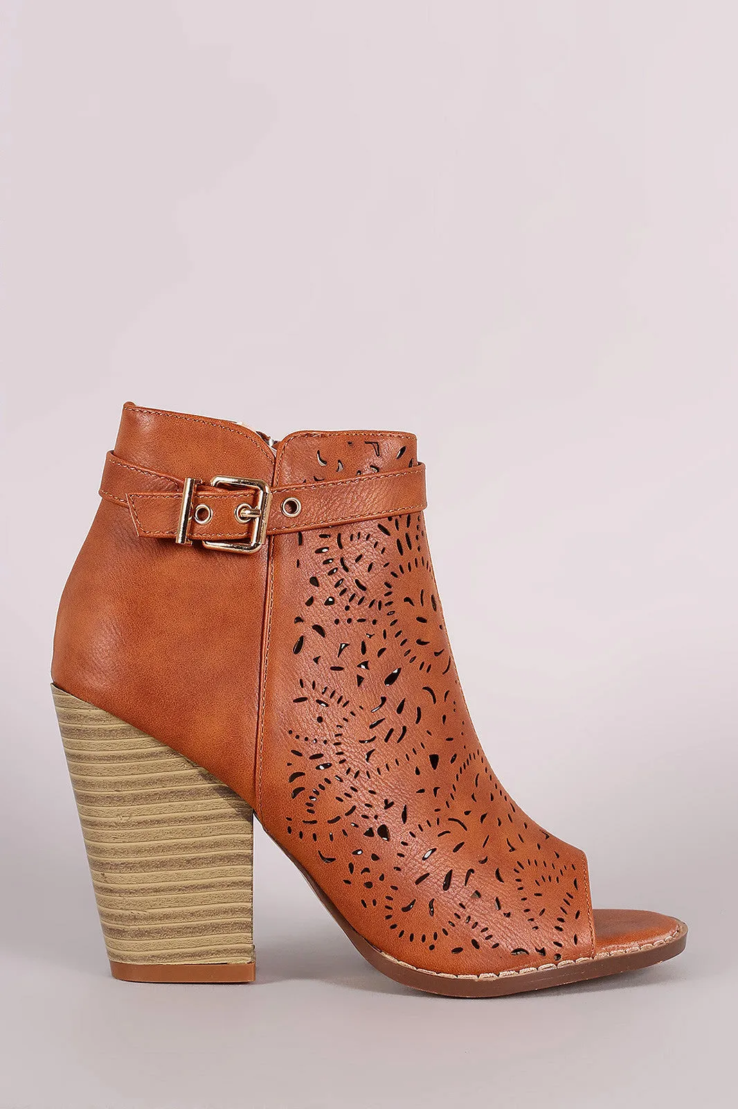 Perforated Side Buckle Peep Toe Booties