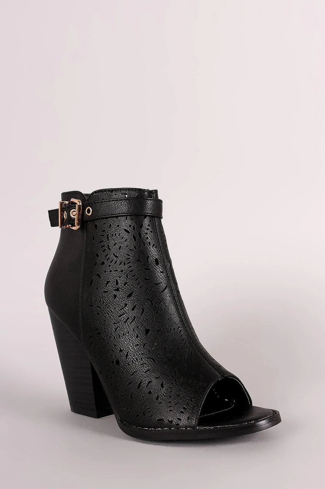 Perforated Side Buckle Peep Toe Booties