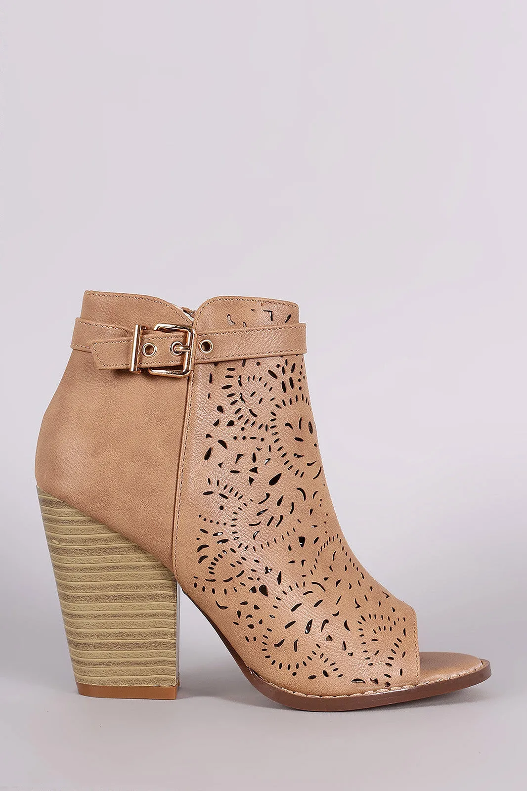 Perforated Side Buckle Peep Toe Booties