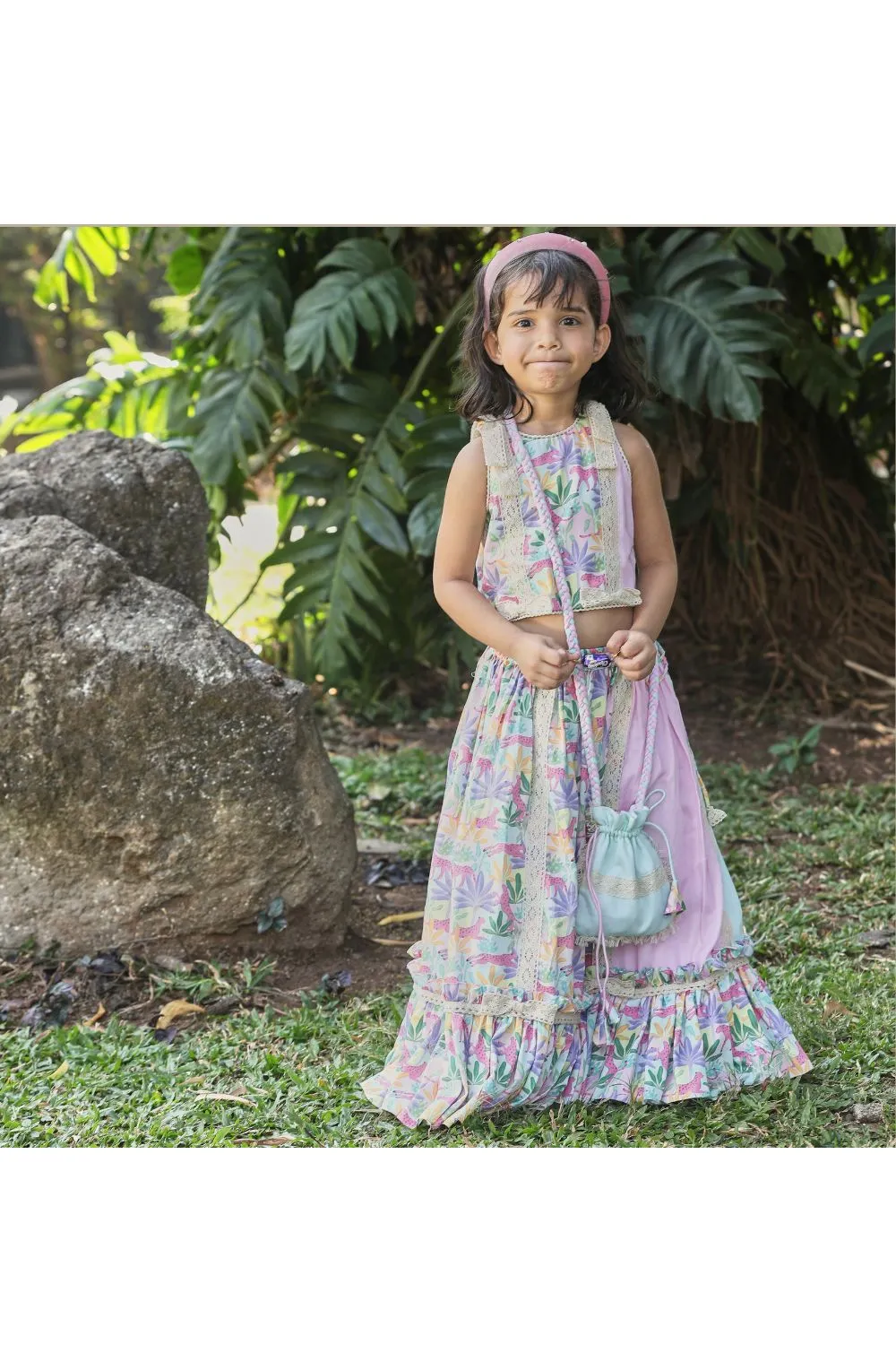 Pink And Mint Green Tropical Printed Sleeveless Top With Lehenga Set