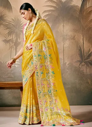 Pink And Yellow Floral Munga Silk Saree