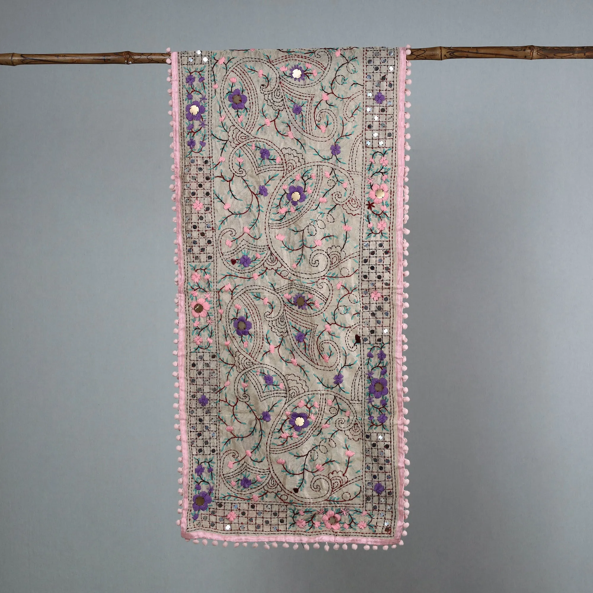 Pink - Ranihati Chanderi Silk Phulkari Embroidered Stole 120