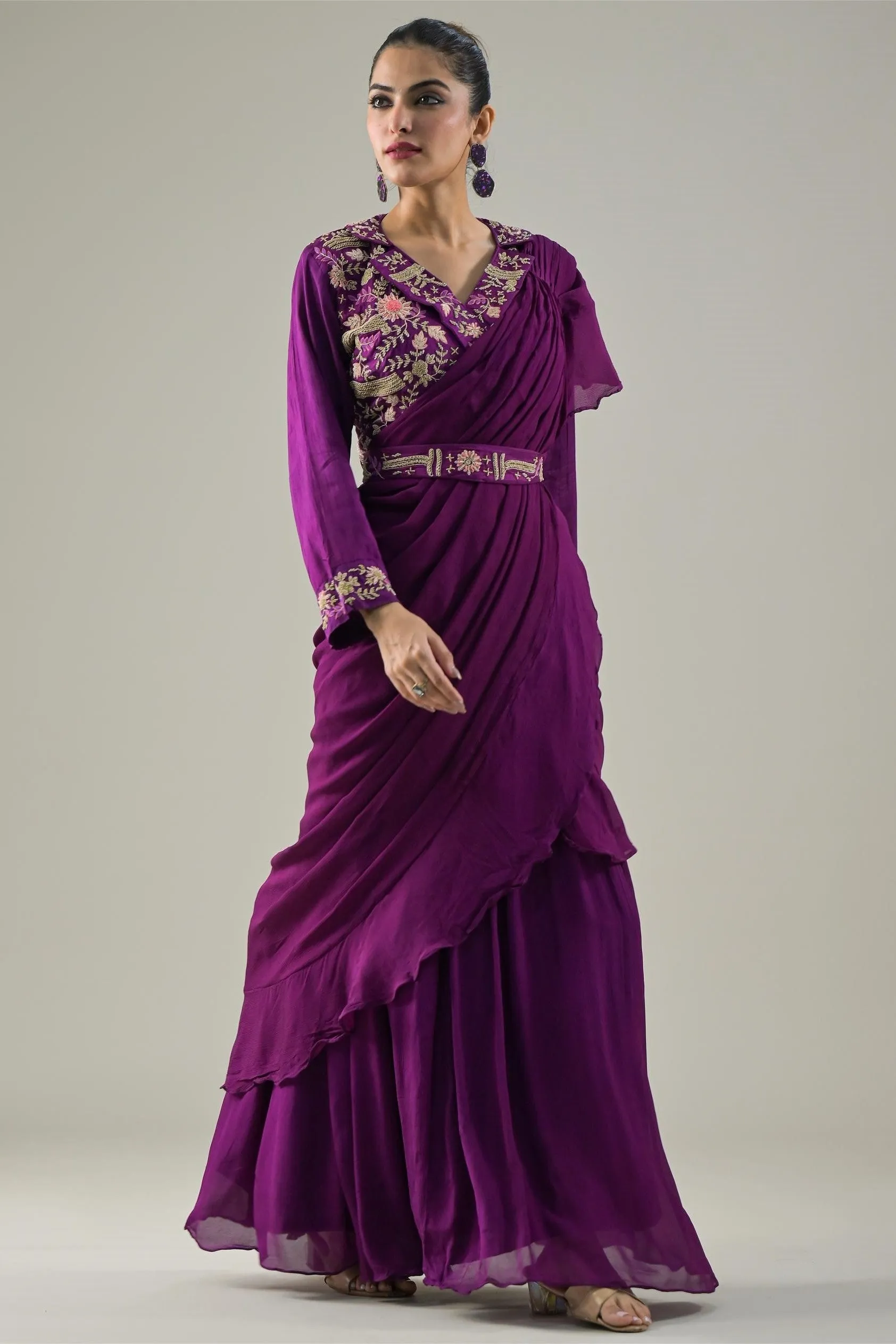 Plum Purple Embellished Chinon Silk Draped Saree