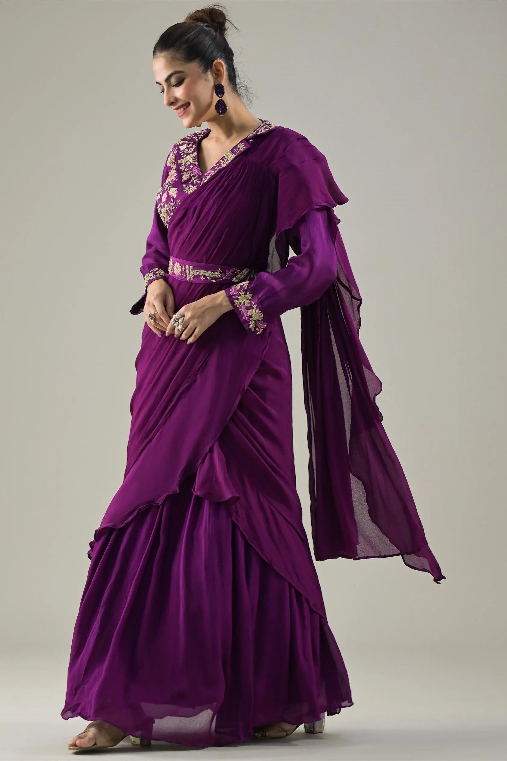 Plum Purple Embellished Chinon Silk Draped Saree