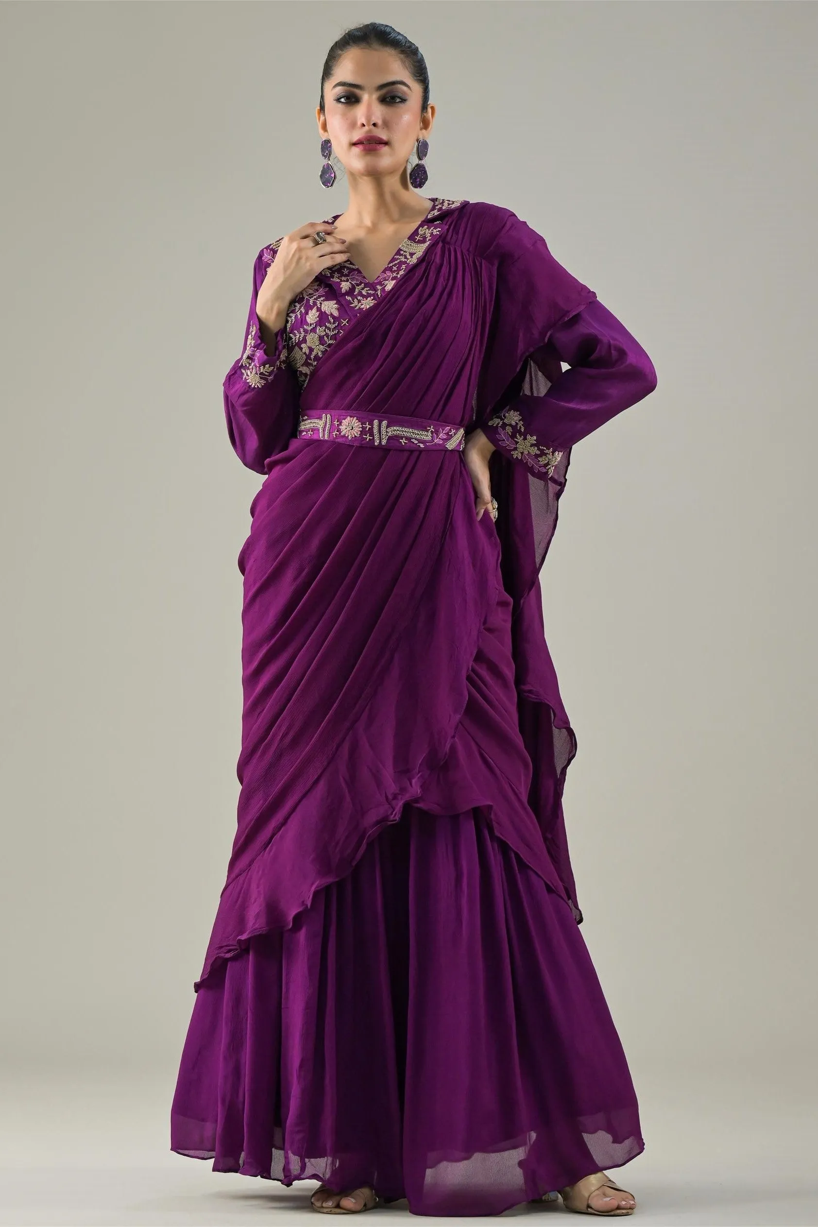 Plum Purple Embellished Chinon Silk Draped Saree