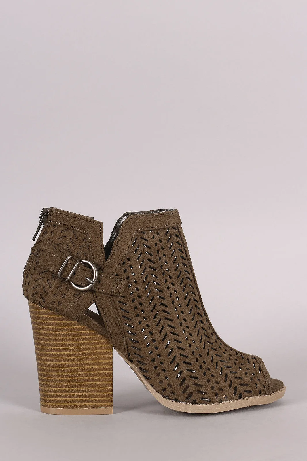 Qupid Perforated Suede Buckled Chunky Heeled Booties