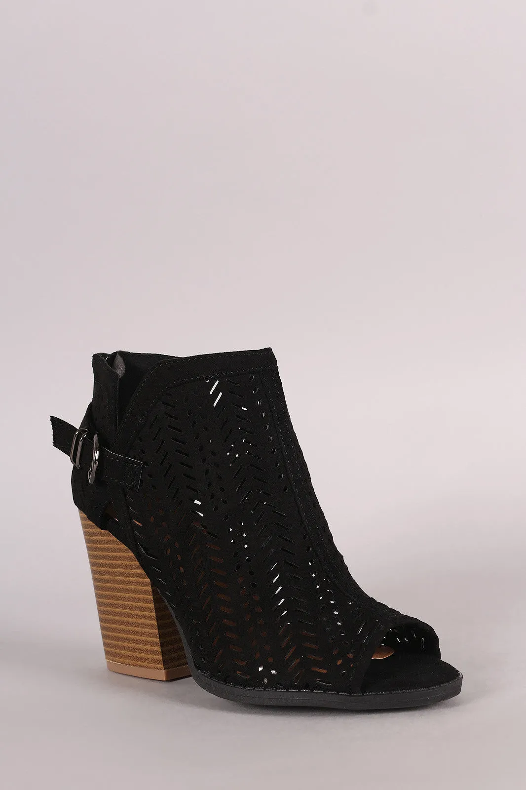 Qupid Perforated Suede Buckled Chunky Heeled Booties