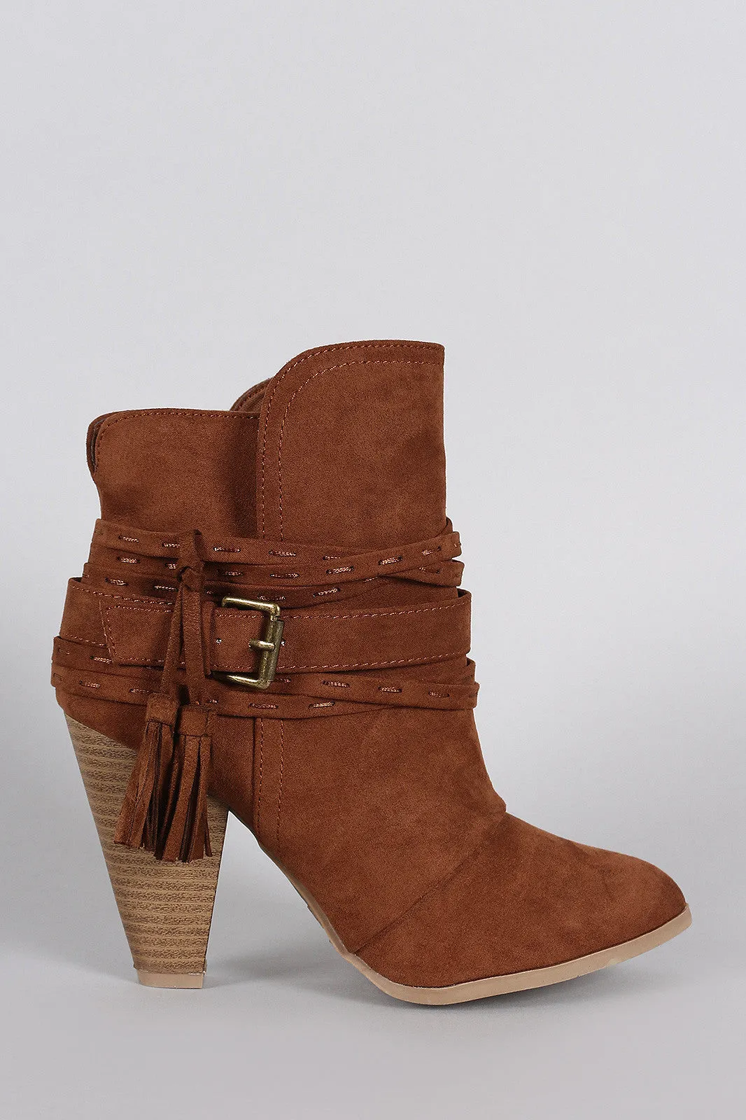 Qupid Suede Strappy Buckle Chunky Stacked Heeled Booties