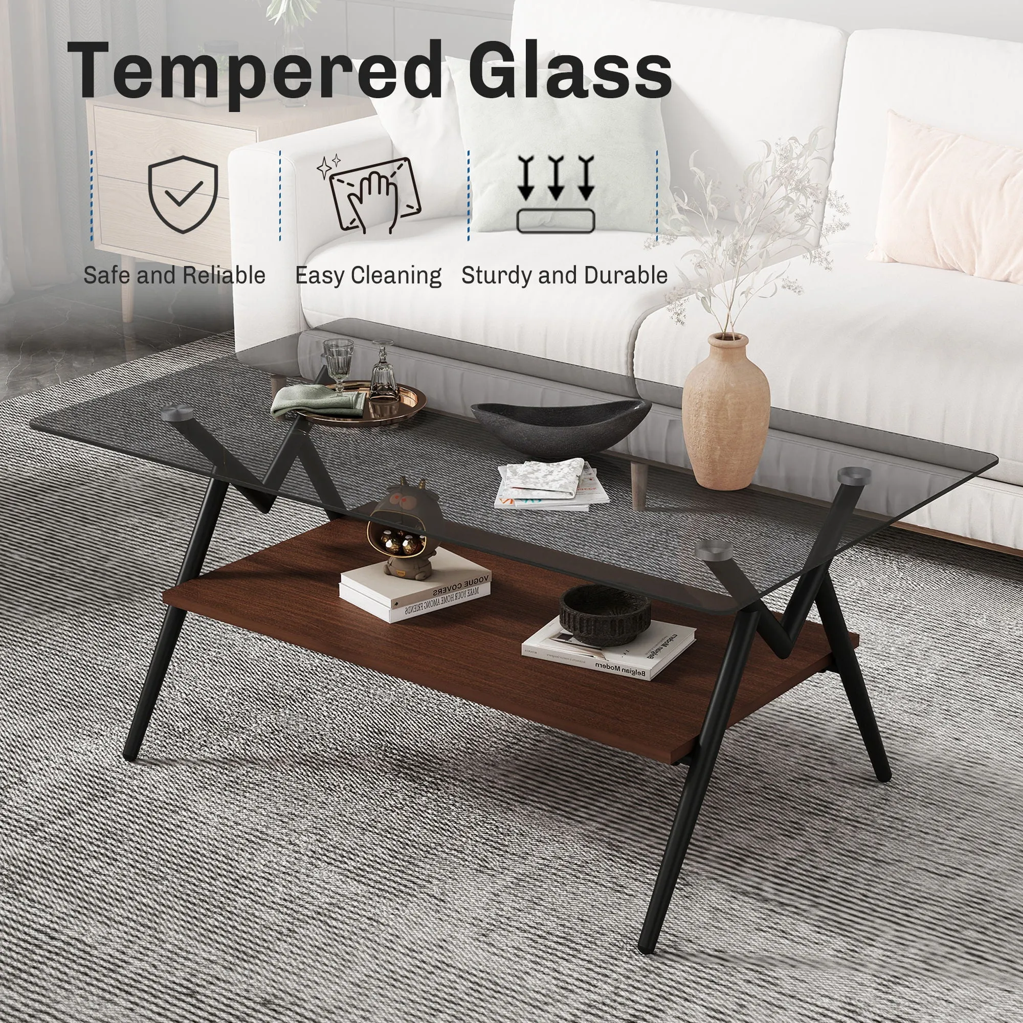 Rectangle Coffee Table With Tempered Glass Top And MDF Shelf, Modern Table For Living Room