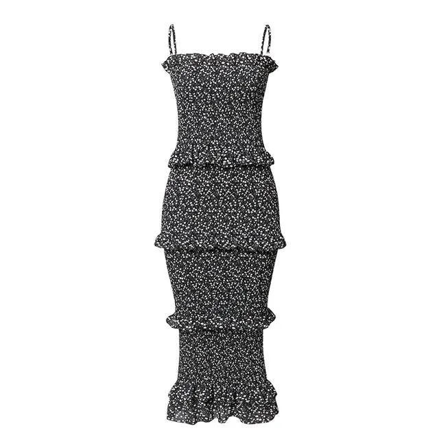 Sexy Spaghetti Strap Elegant Dot Print Leopard Bodycon Midi dress