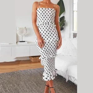 Sexy Spaghetti Strap Elegant Dot Print Leopard Bodycon Midi dress