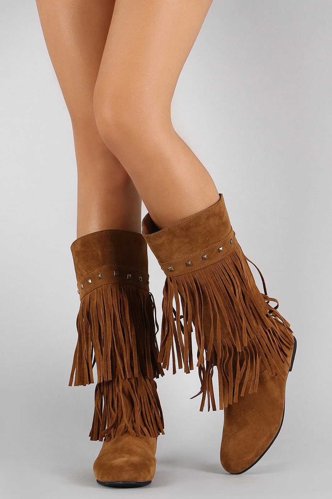 Suede Studded Layered Fringe Round Toe Knee High Boot