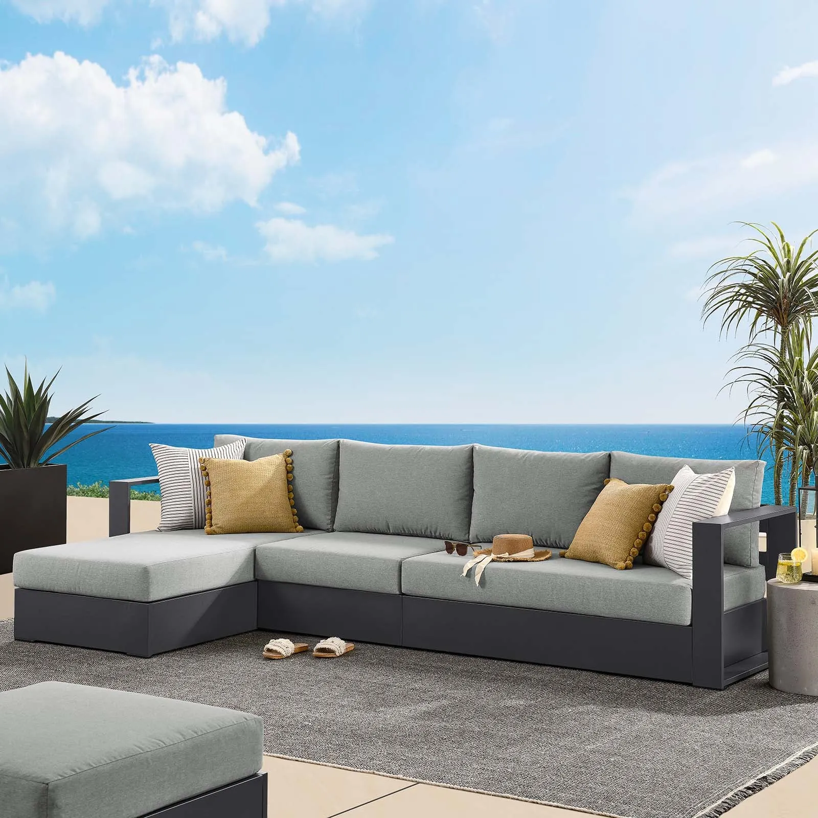 Tahoe Outdoor Patio Powder-Coated Aluminum 3-Piece Left-Facing Chaise Sectional Sofa Set