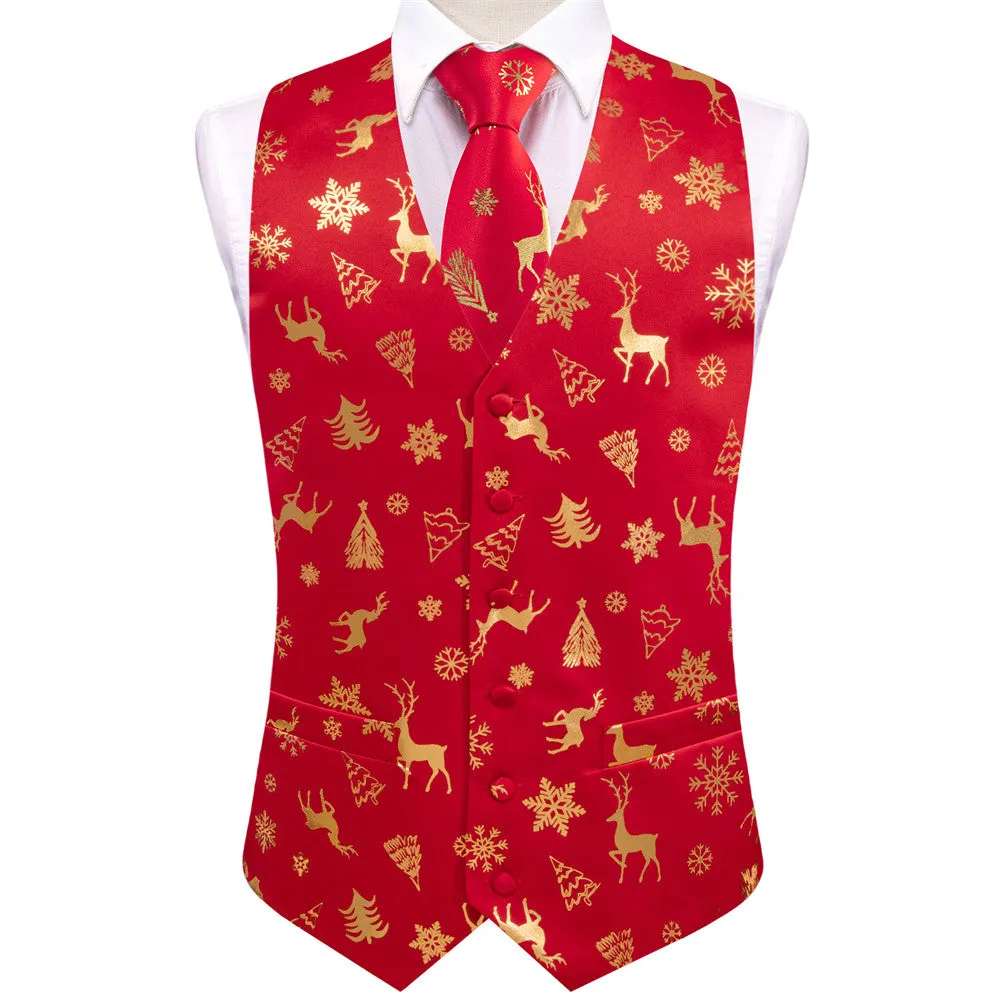 Ties2you Mens Silk Waistcoat Red Gold Christmas Elements Vest Necktie Set