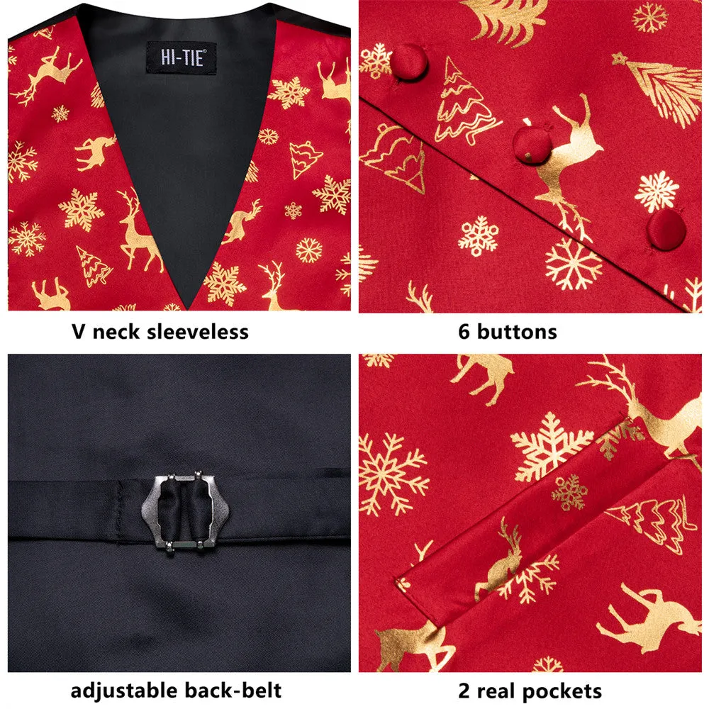 Ties2you Mens Silk Waistcoat Red Gold Christmas Elements Vest Necktie Set