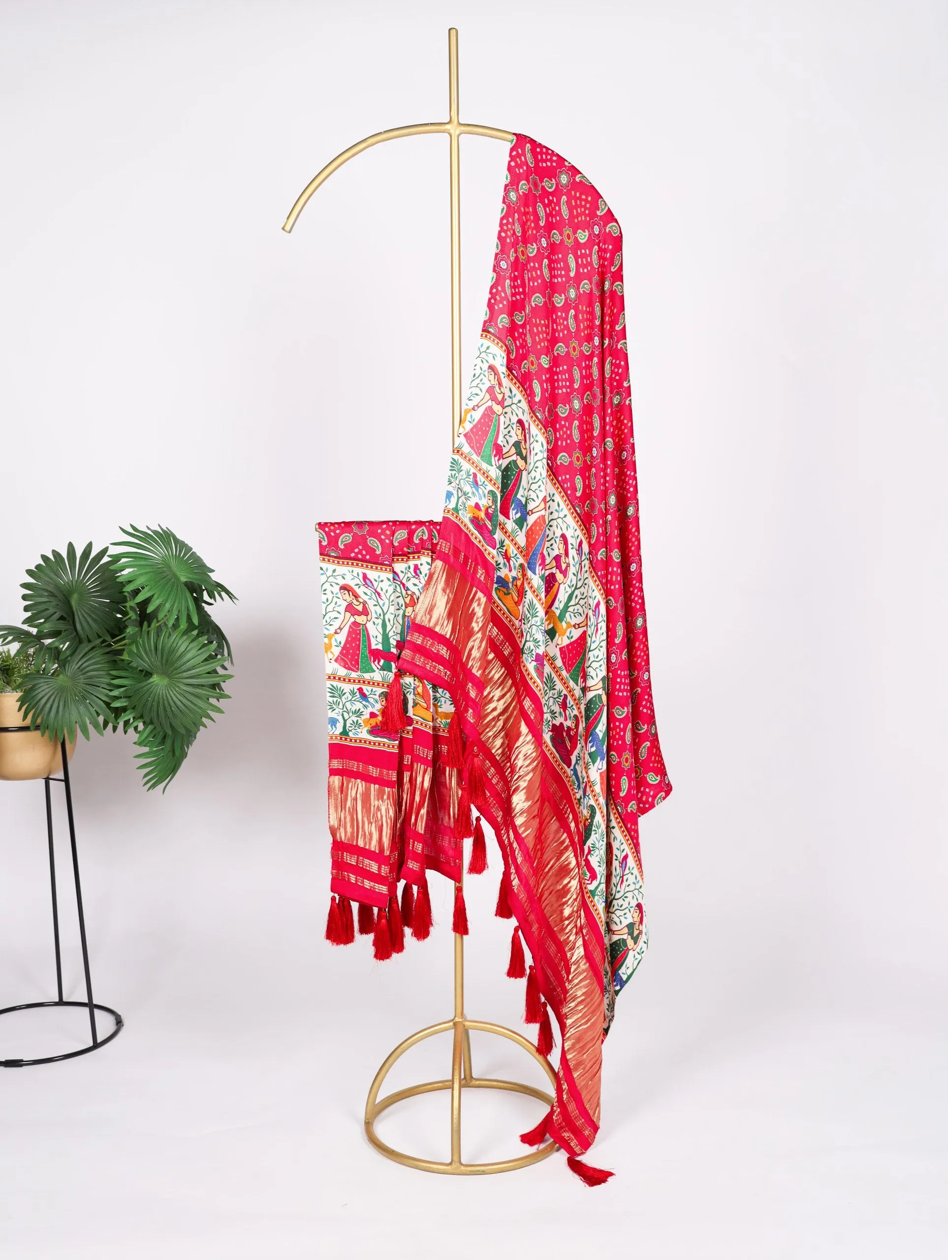 Tomato Red Gaji Silk Dupatta with Digital Prints & Lagadi Patta