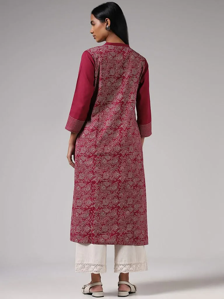 Utsa Magenta Printed Blended Linen Kurta