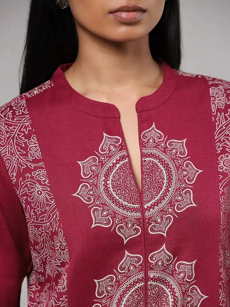 Utsa Magenta Printed Blended Linen Kurta