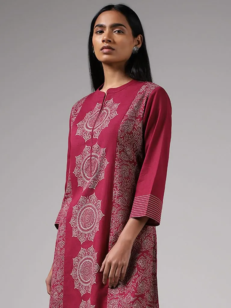 Utsa Magenta Printed Blended Linen Kurta