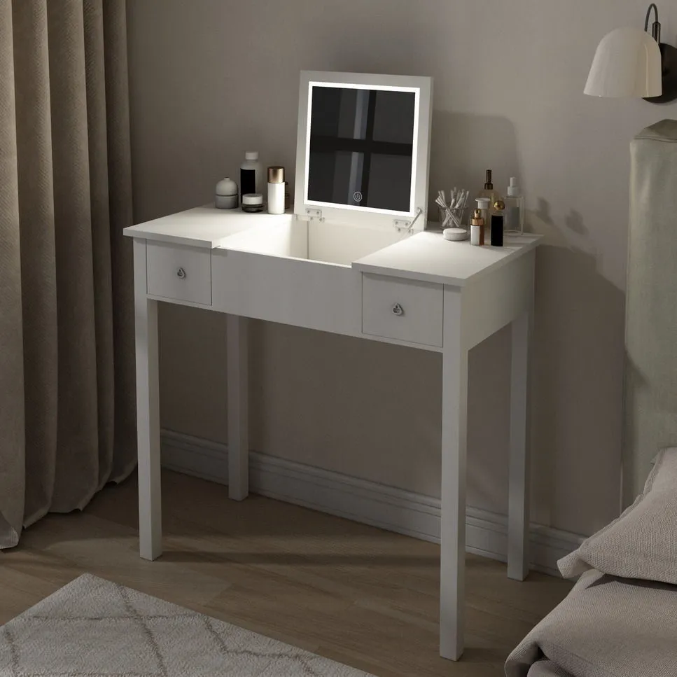 Vanity Table With LED Lights, Flip-Top Mirror And 2 Drawers, Jewelry Storage