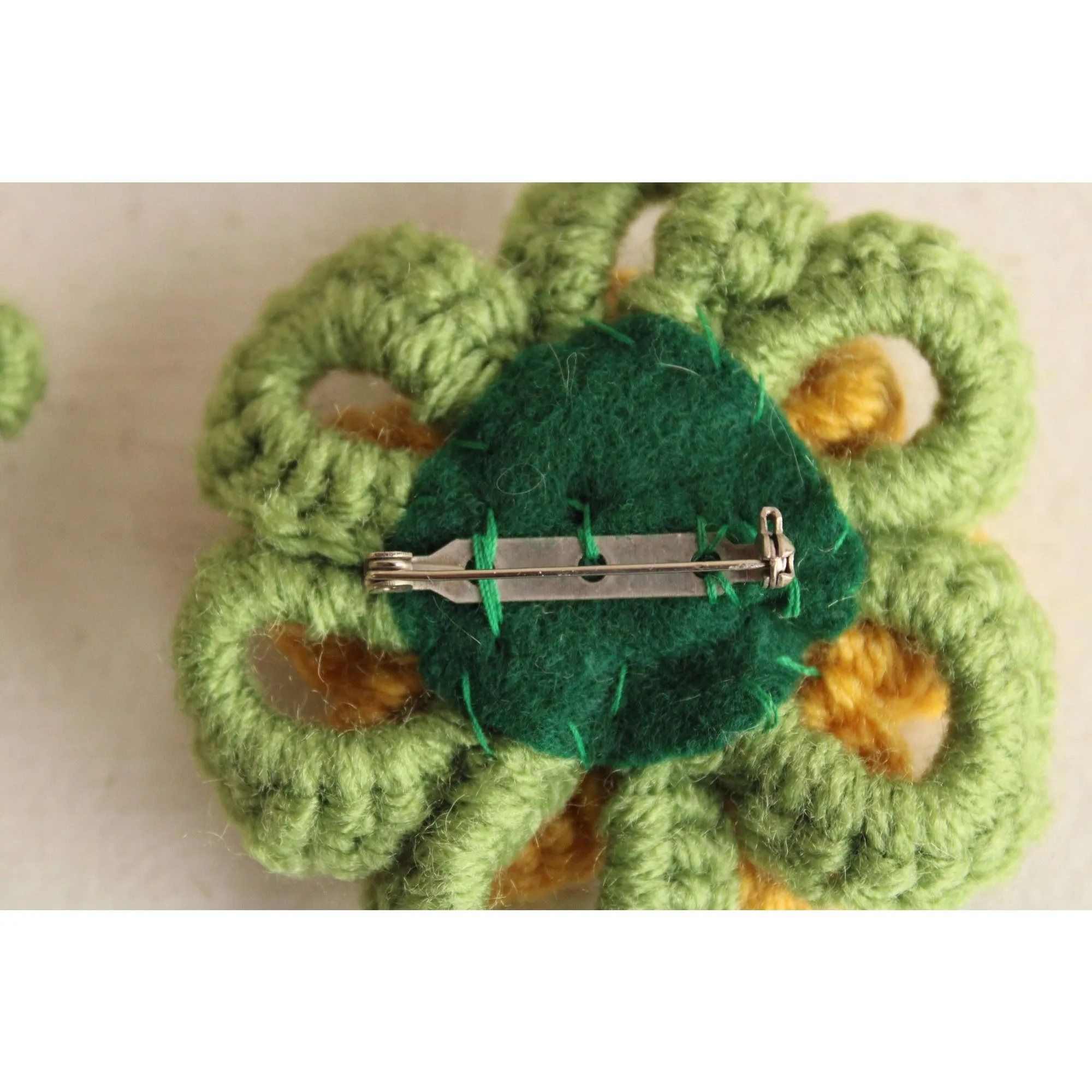 Vintage 1970s Brooch, Knit Flower with Button Center