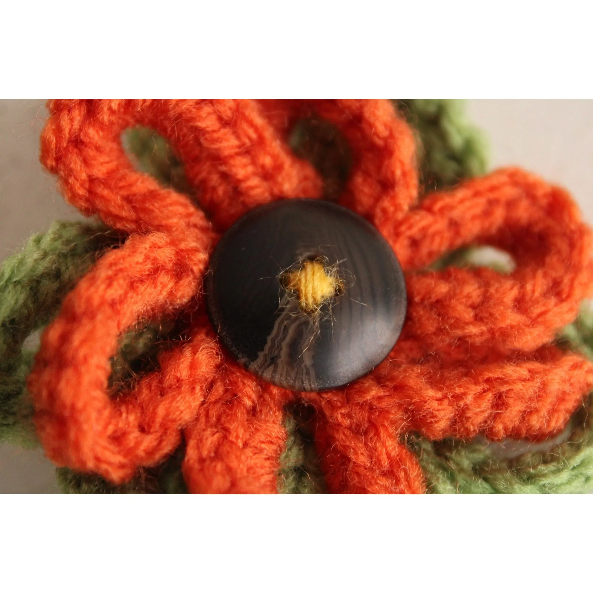 Vintage 1970s Brooch, Knit Flower with Button Center