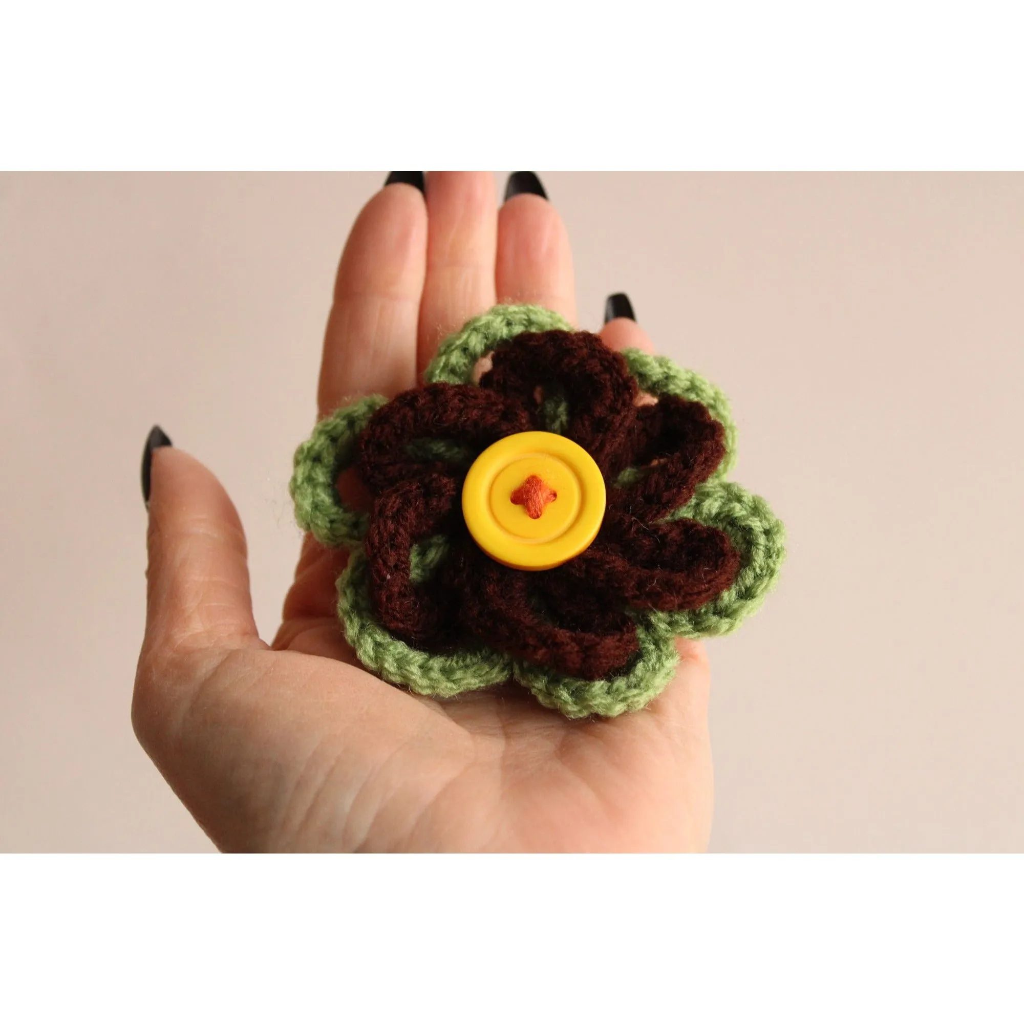 Vintage 1970s Brooch, Knit Flower with Button Center