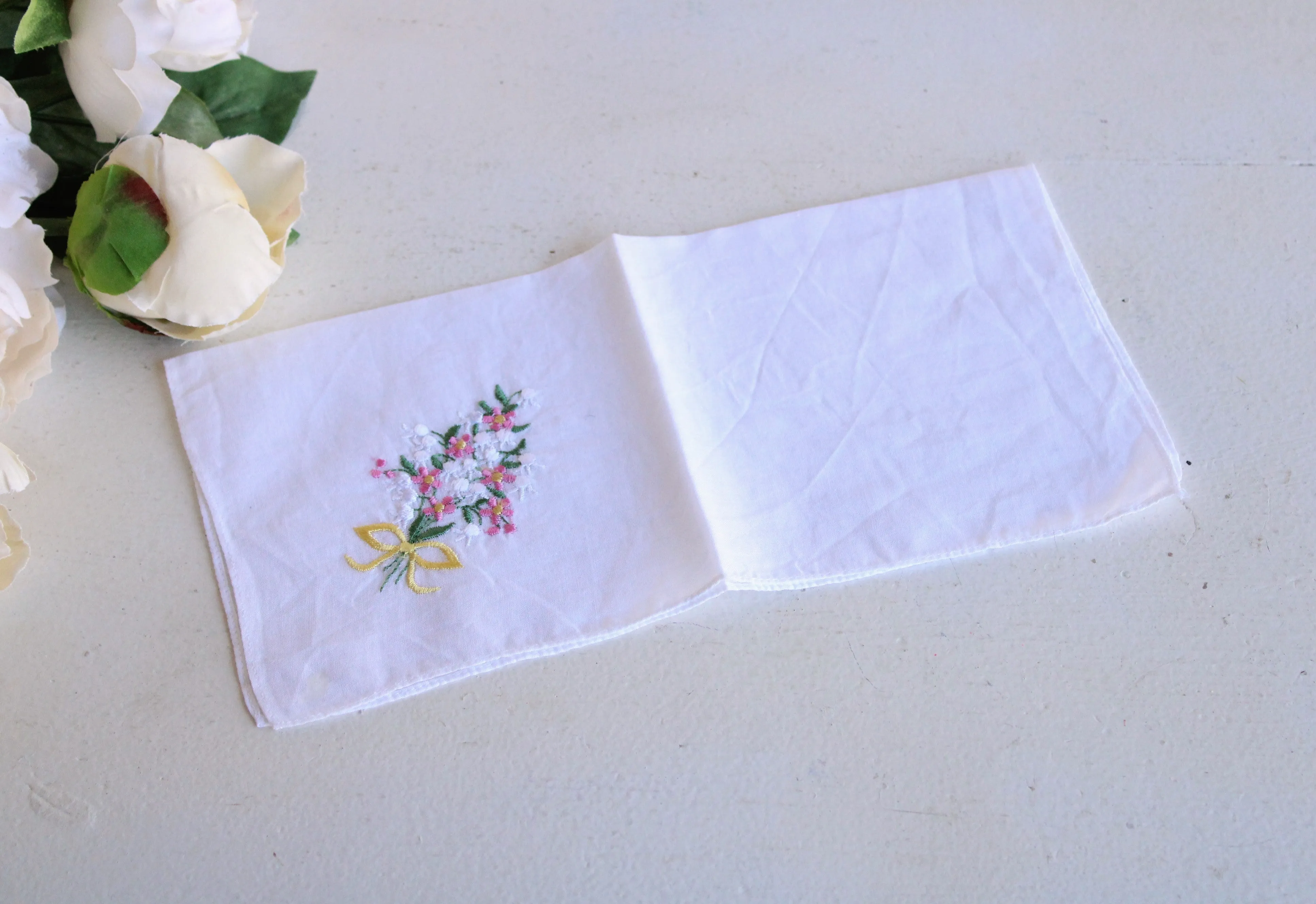 Vintage White Linen Floral Embroidered Hankie