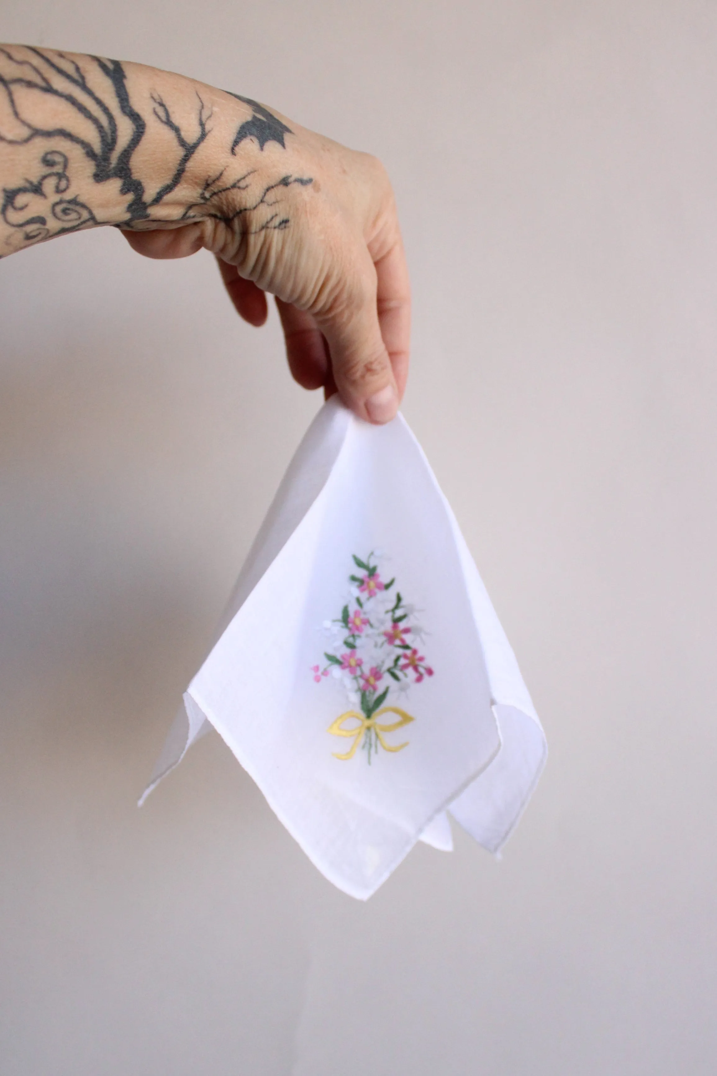 Vintage White Linen Floral Embroidered Hankie