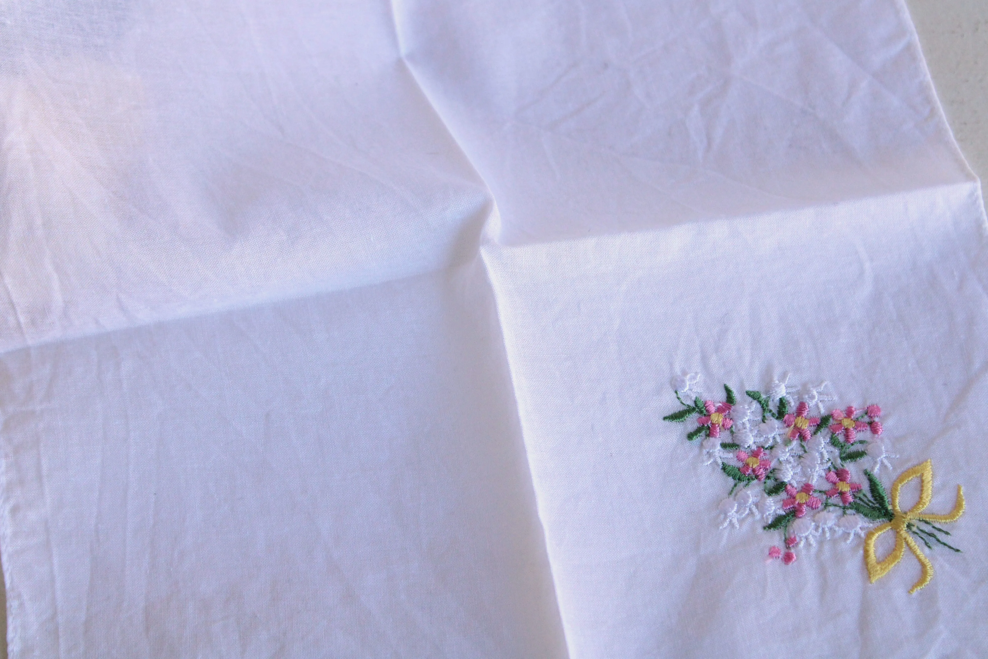 Vintage White Linen Floral Embroidered Hankie