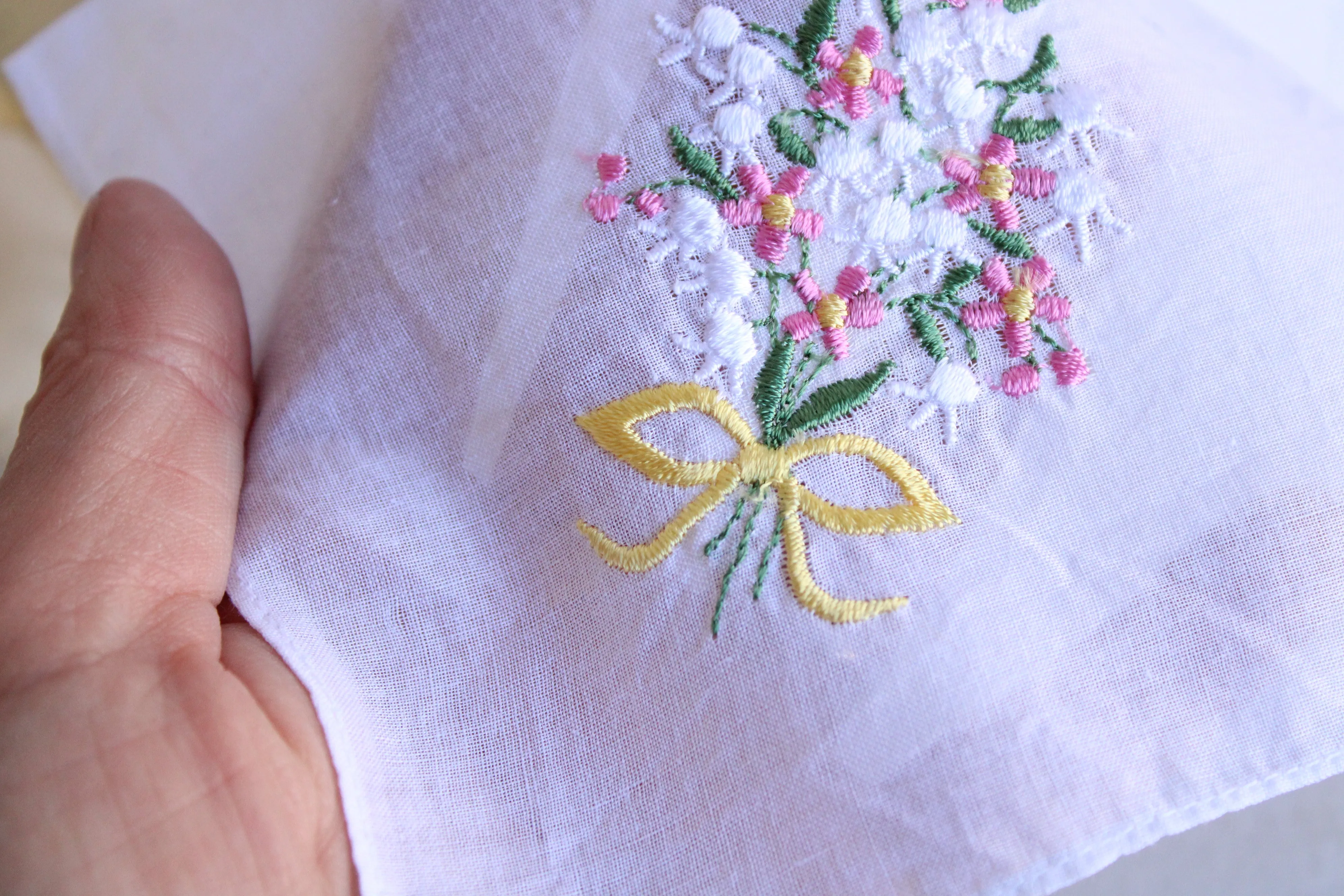 Vintage White Linen Floral Embroidered Hankie