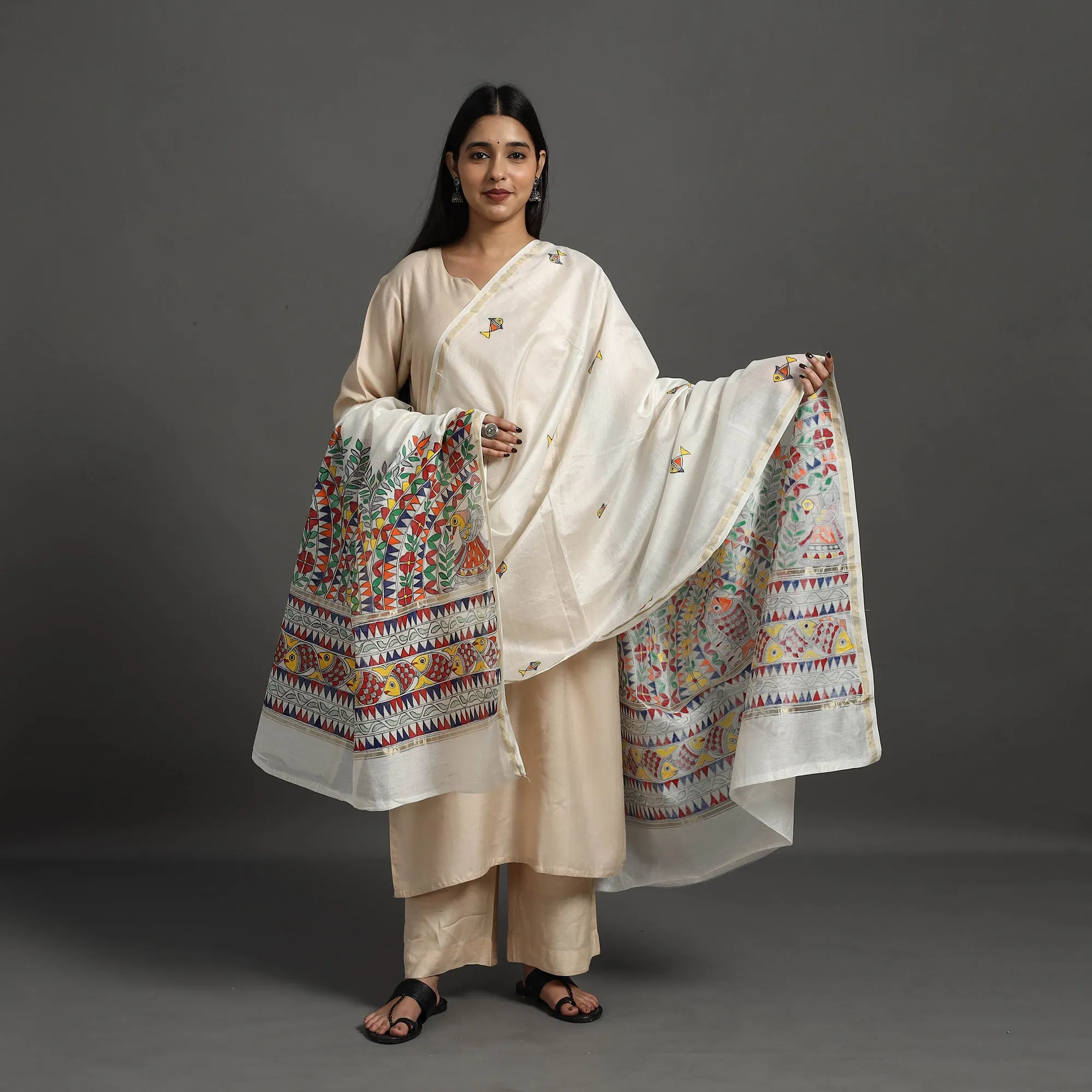 White - Handloom Chanderi Silk Handpainted Madhubani Dupatta 23